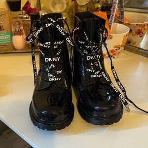 DKNY Glossy Black Boots with Logo Laces Size 6